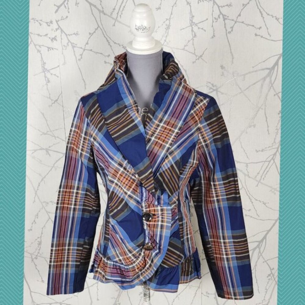 Cartise Royal Blue Plaid Ruffle Button Front Blazer Academia Artsy